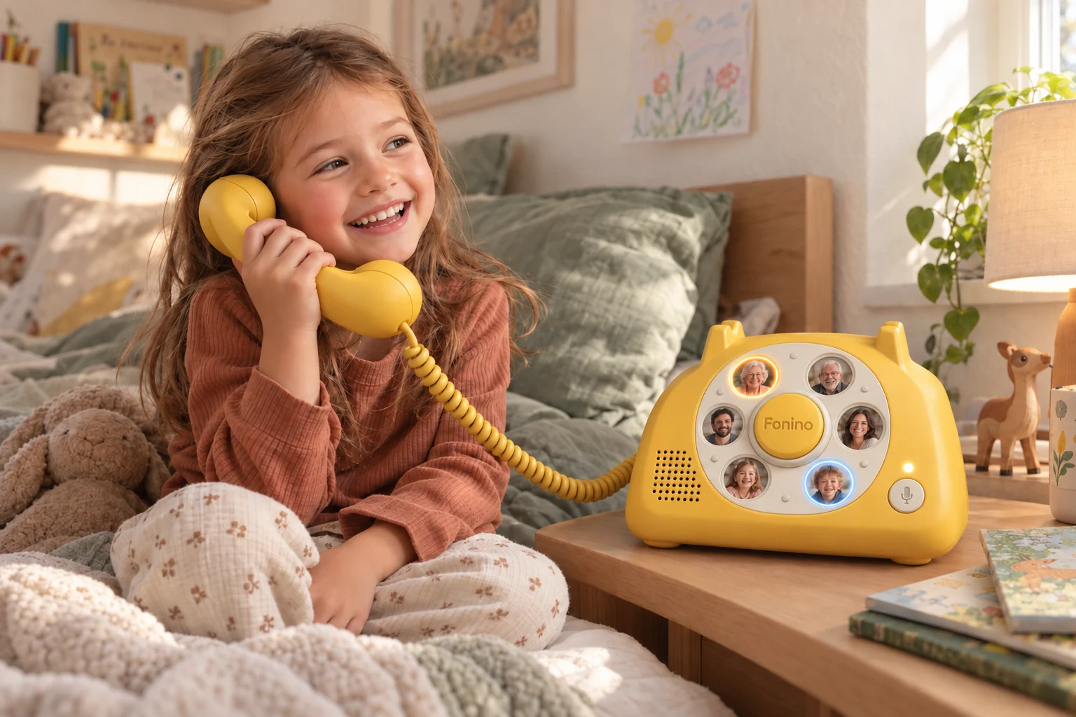 A child smiling into the yellow Fonino handset in a sunlit bedroom, with the phone on a bedside table.