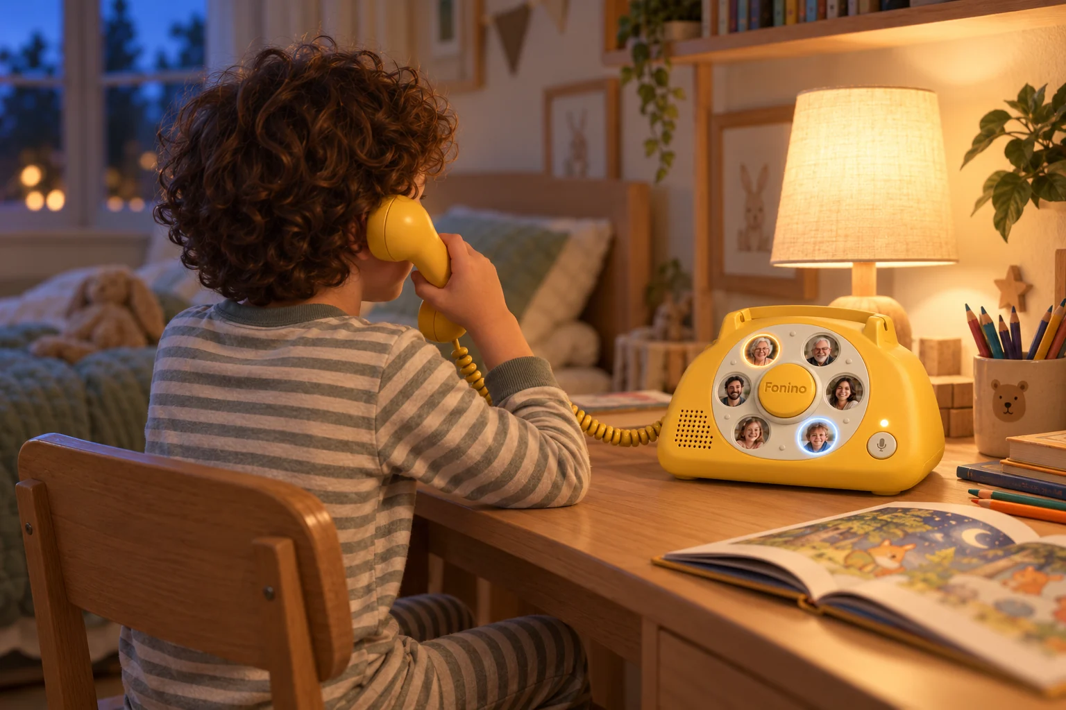 A child in striped pyjamas, seen from behind in a chair at a wooden desk, holding Fonino’s wired handset to his ear. The yellow phone is clearly visible on the desk.