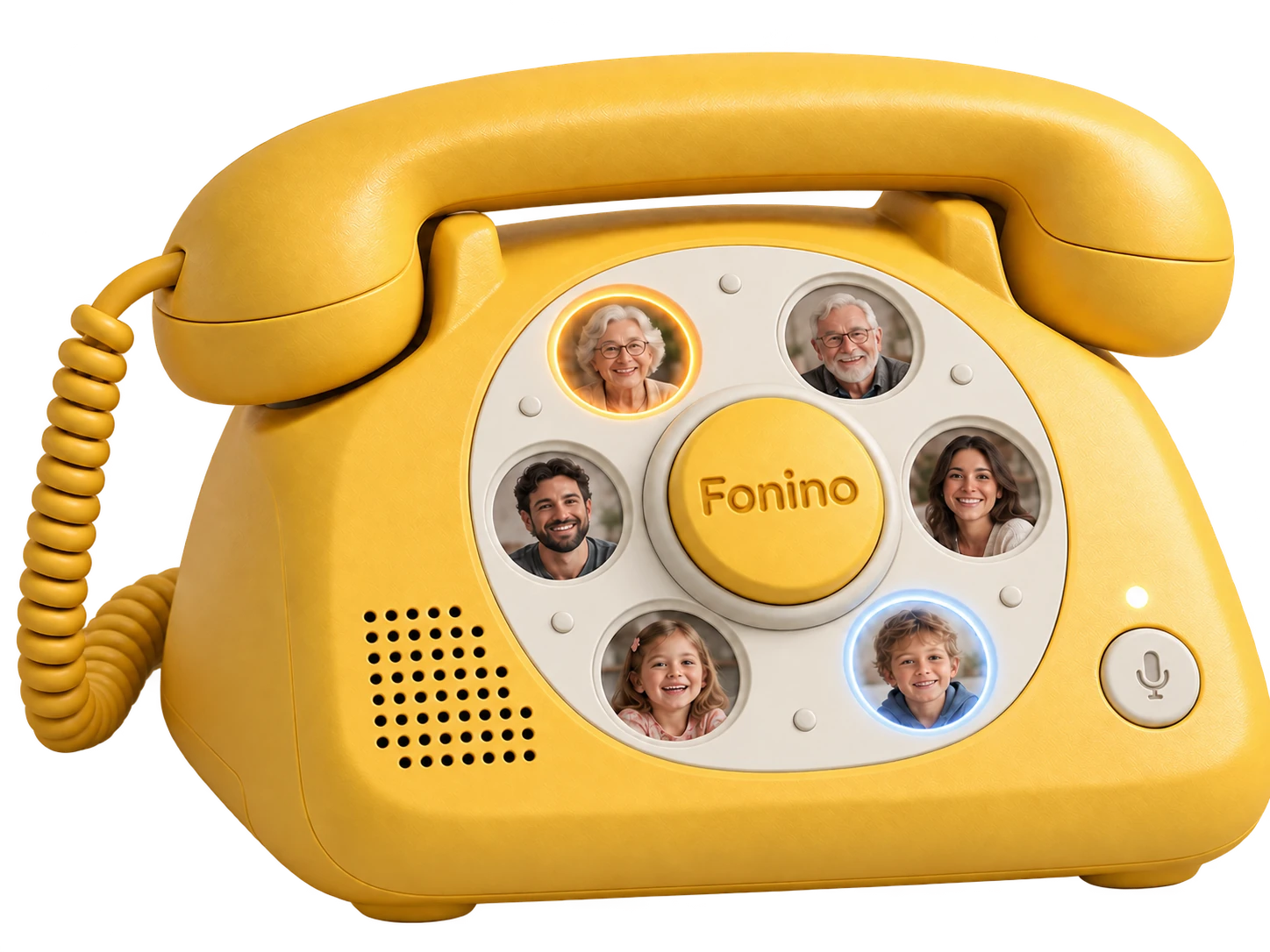 Chunky yellow Fonino phone with a wired handset, coiled cord, and family photo portraits around a physical dial.